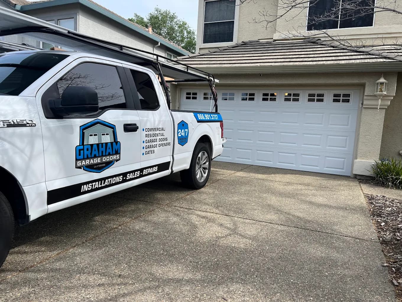 Graham Garage Doors service truck at a Berkeley, CA home
